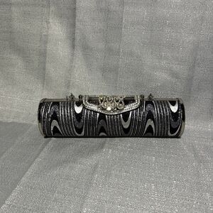 Black Glitter Geometric Hard Case Clutch Purse, Bedazzled Glamour Evening Bag